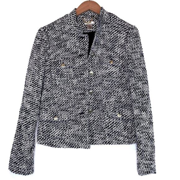Cache tweed jacket with gold colored buttons navy and white blazer style size 8 - Picture 1 of 11